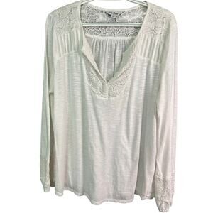 Lucky Brand Blouse Top XL White Cotton Modal Blend Crochet Popover Boho Peasant